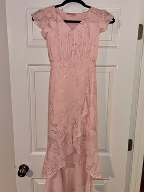 Flutter-Sleeve Faux-Wrap High-Low Dress in Blush pink - Big girls size 10